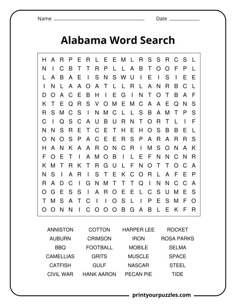 Medium Alabama word search with key state terms including Harper Lee, Auburn, Gulf, BBQ, and Rosa Parks.