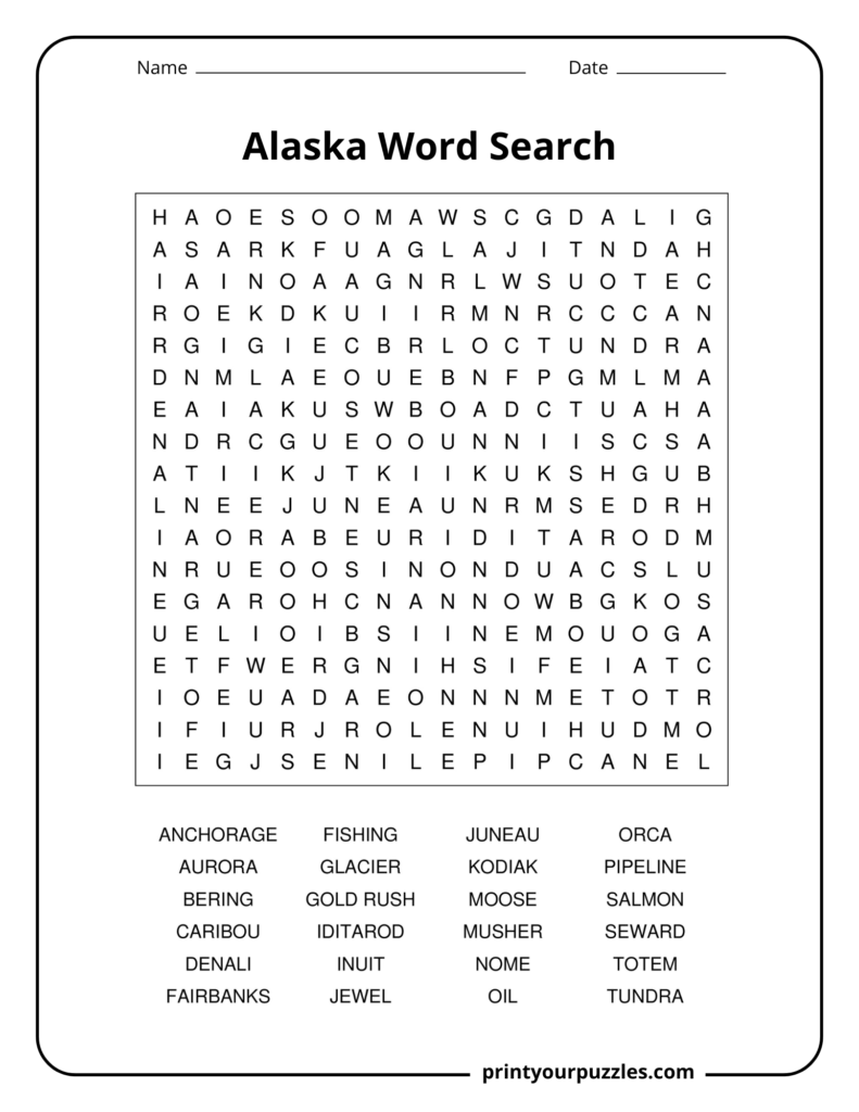 Medium Alaska word search with important state words including glacier, salmon, moose, Iditarod, and tundra.