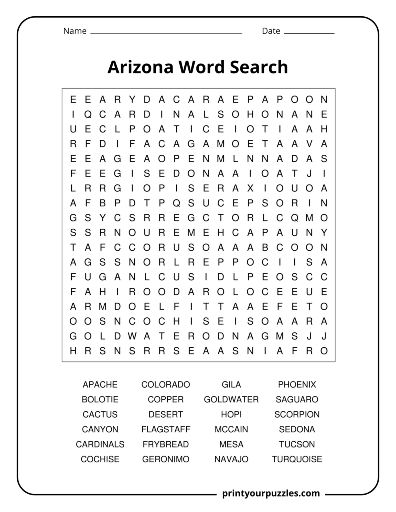 Medium Arizona word search with key state terms including Phoenix, Tucson, cactus, desert, Navajo, and Sedona.