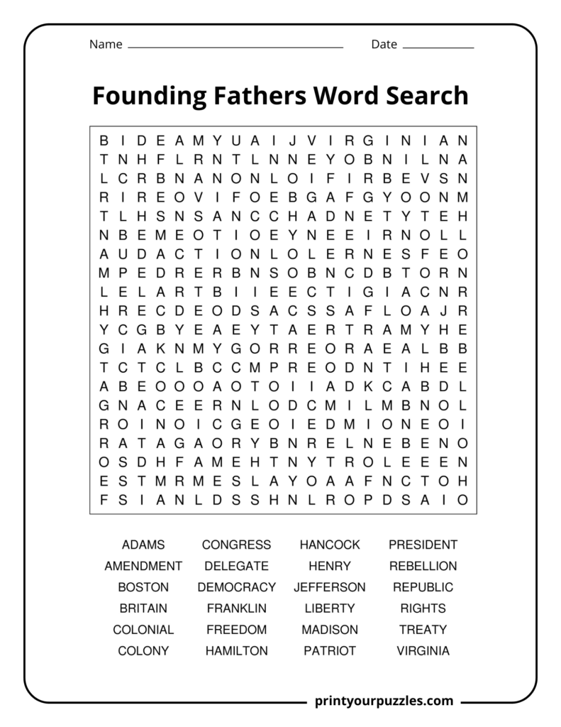 Founding Fathers Word Search Hard