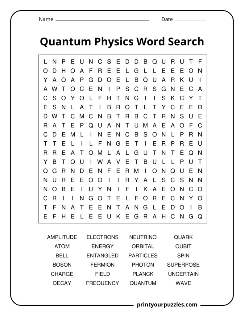 Medium quantum physics word search with essential quantum terms including photon, atom, wave, spin, and orbital.