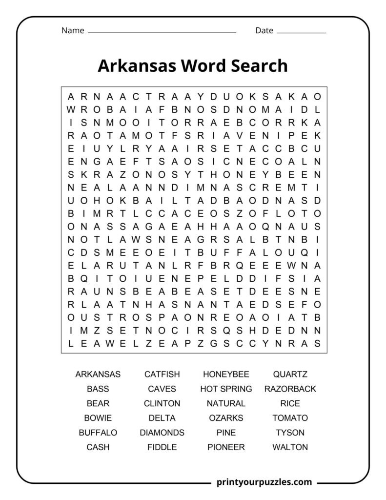 Hard Arkansas word search featuring state terms like Ozarks, Clinton, catfish, diamonds, honeybee, and Razorback.