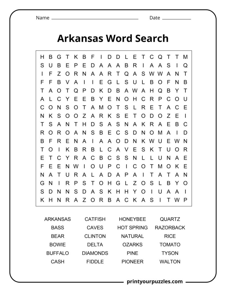 Medium Arkansas word search with key state terms including Ozarks, rice, catfish, Clinton, honeybee, and pine.