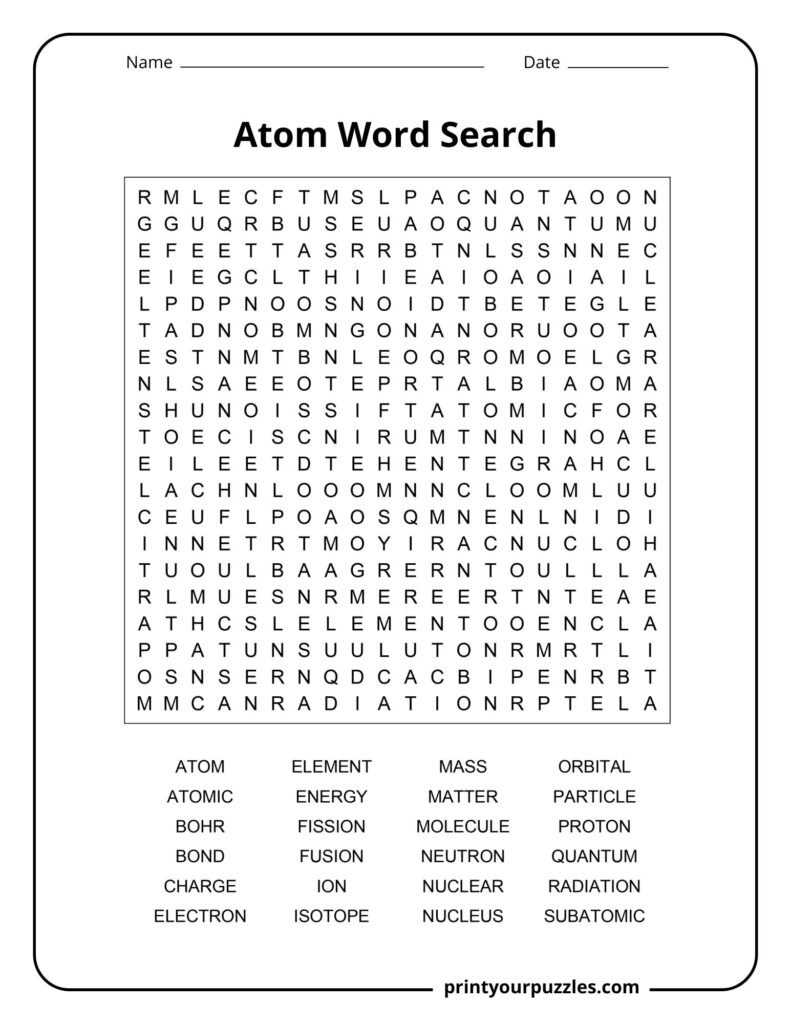 Hard atom word search puzzle featuring advanced atomic physics terms in a dense grid for students and science learners.