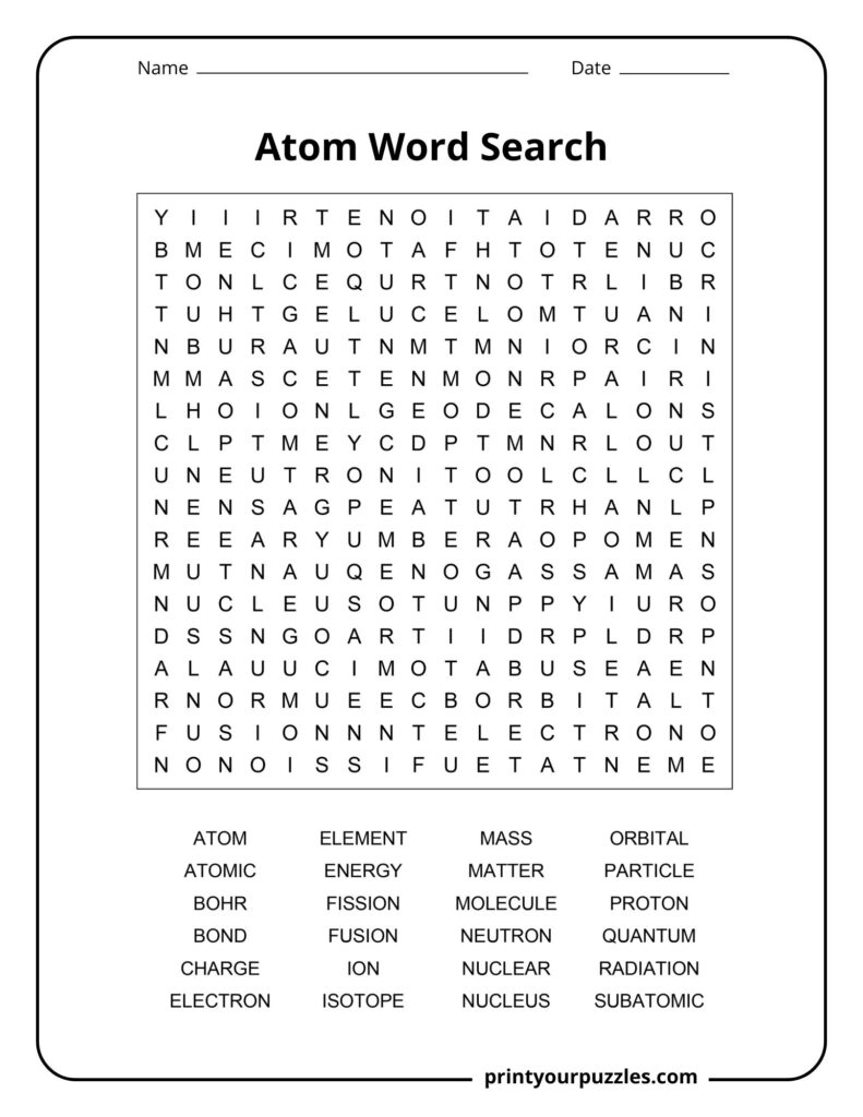 Medium difficulty atom word search puzzle with atomic science vocabulary, suitable for middle school and classroom use.