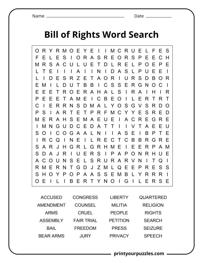 Challenging Bill of Rights word search puzzle featuring constitutional terms and a large grid of hidden words.