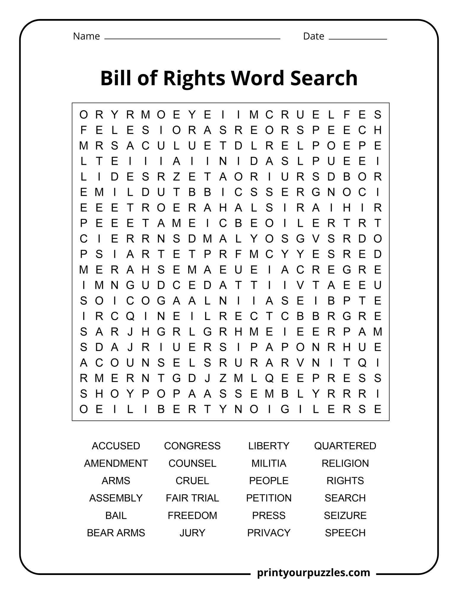 Bill Of Rights Word Search | Print Your Puzzles