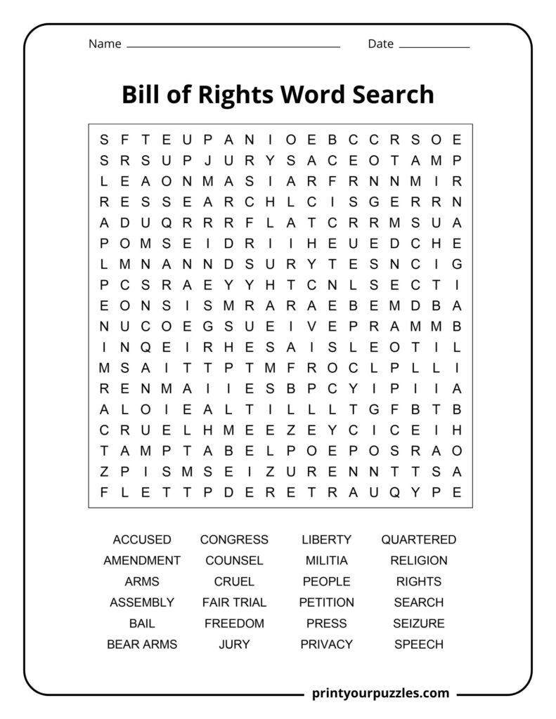 Medium-difficulty Bill of Rights word search showing a clean grid of constitutional terms to find.