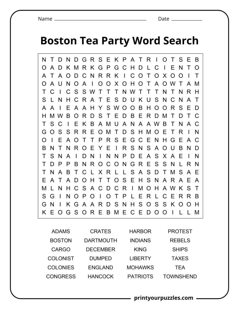 Boston Tea Party Word Search Hard