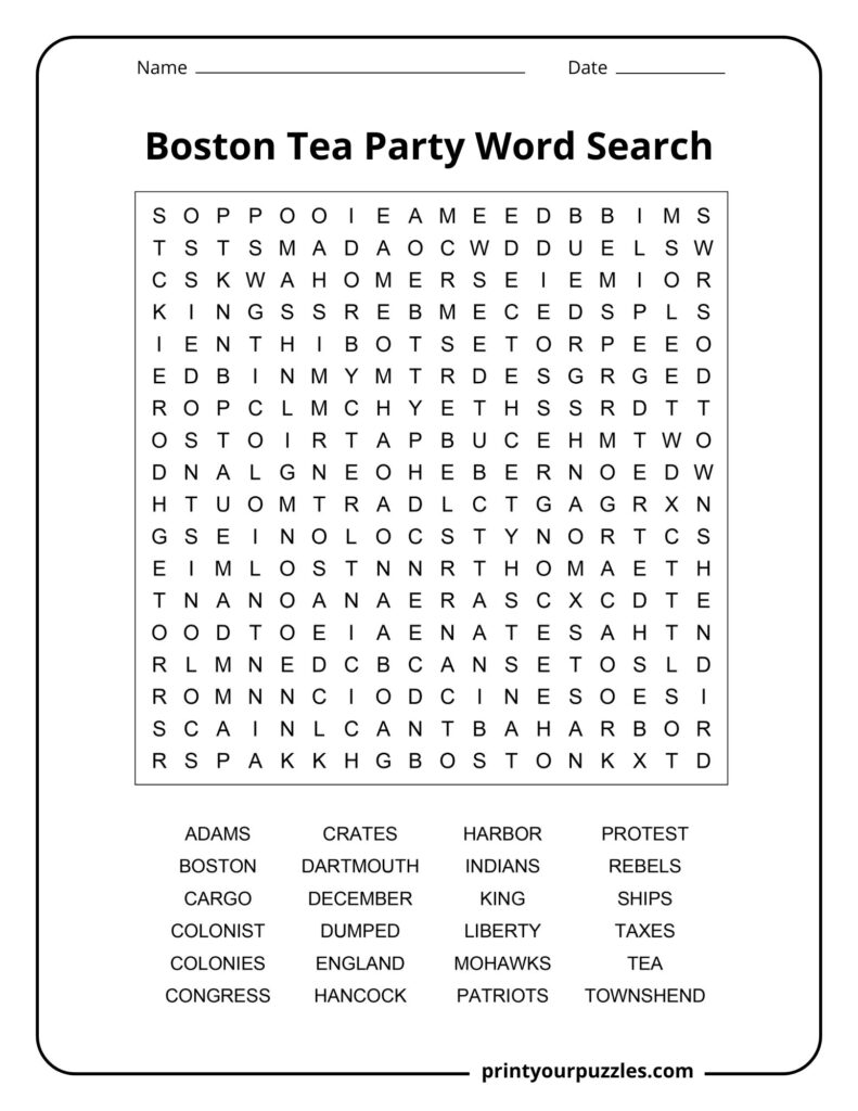 Boston Tea Party Word Search Medium