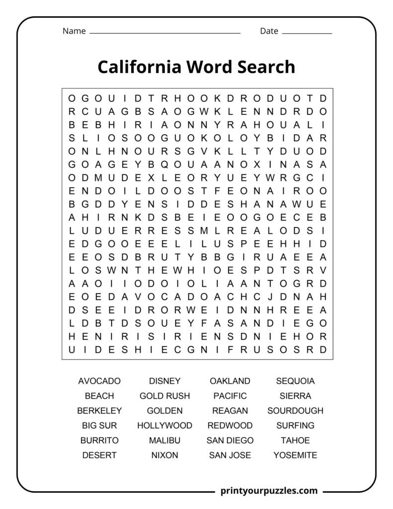 California Word Search Hard