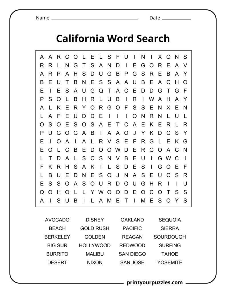 California Word Search Medium