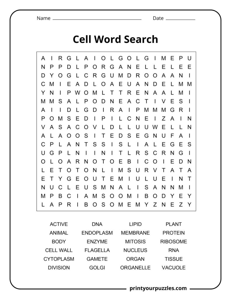 Medium-difficulty cell word search featuring organelles, DNA, proteins, and other key cellular vocabulary.