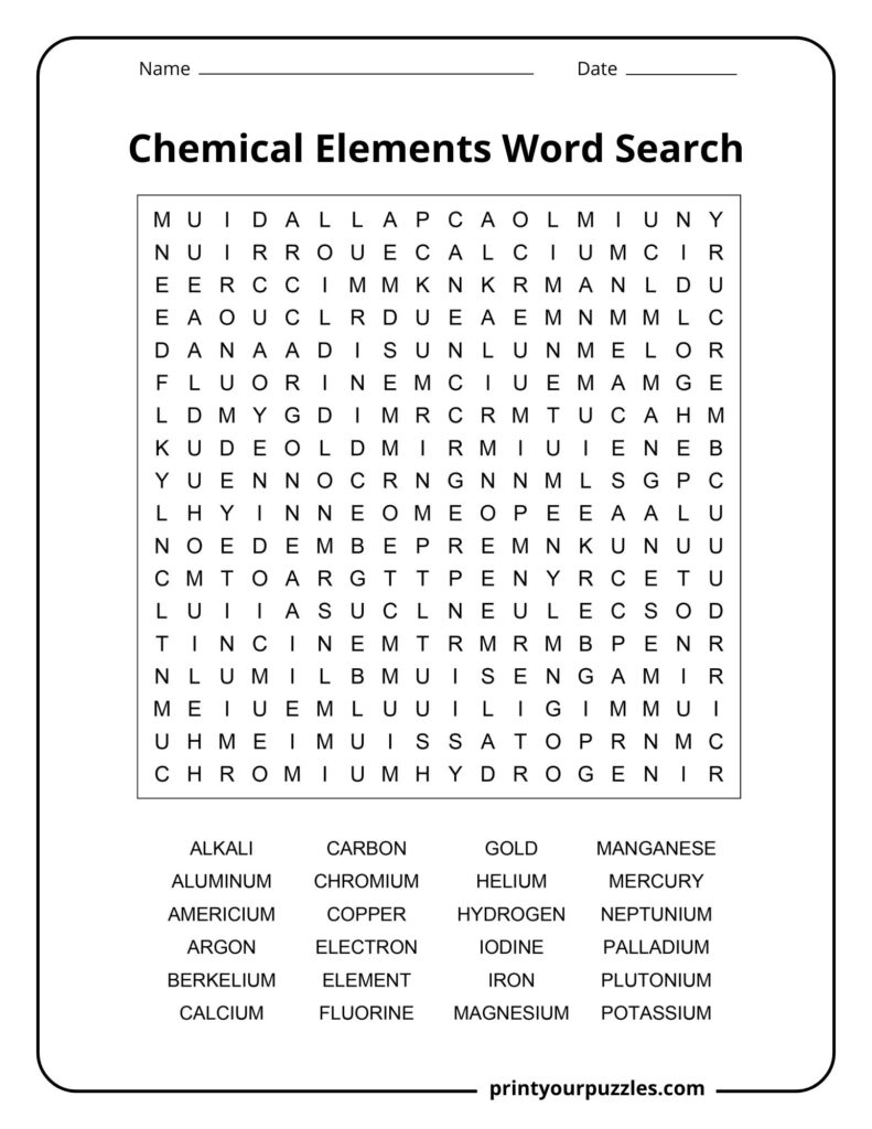 Medium-difficulty chemical elements word search puzzle featuring a structured grid with science-related vocabulary.