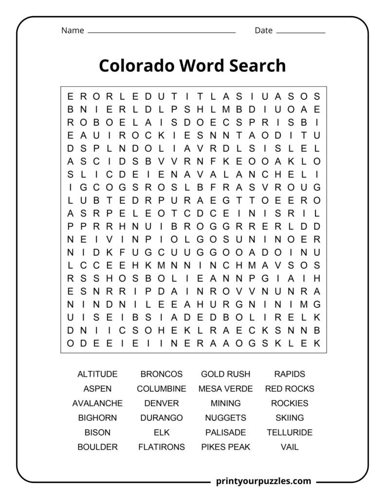 Colorado Word Search Hard