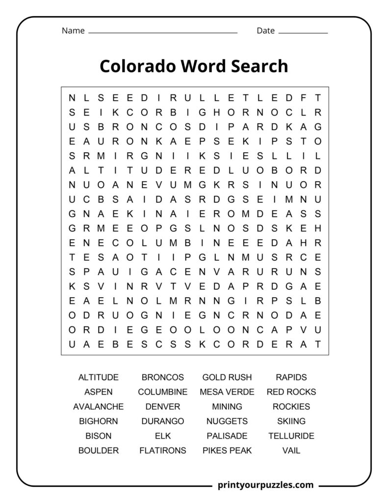 Colorado Word Search Medium
