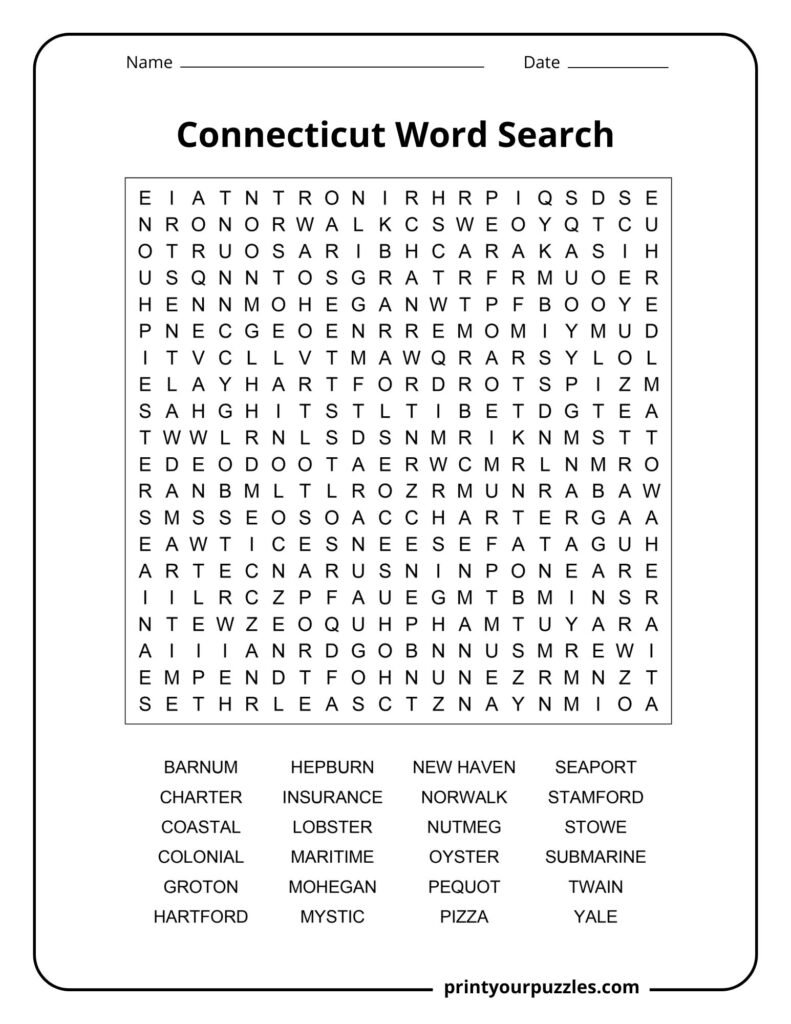 Connecticut Word Search Hard