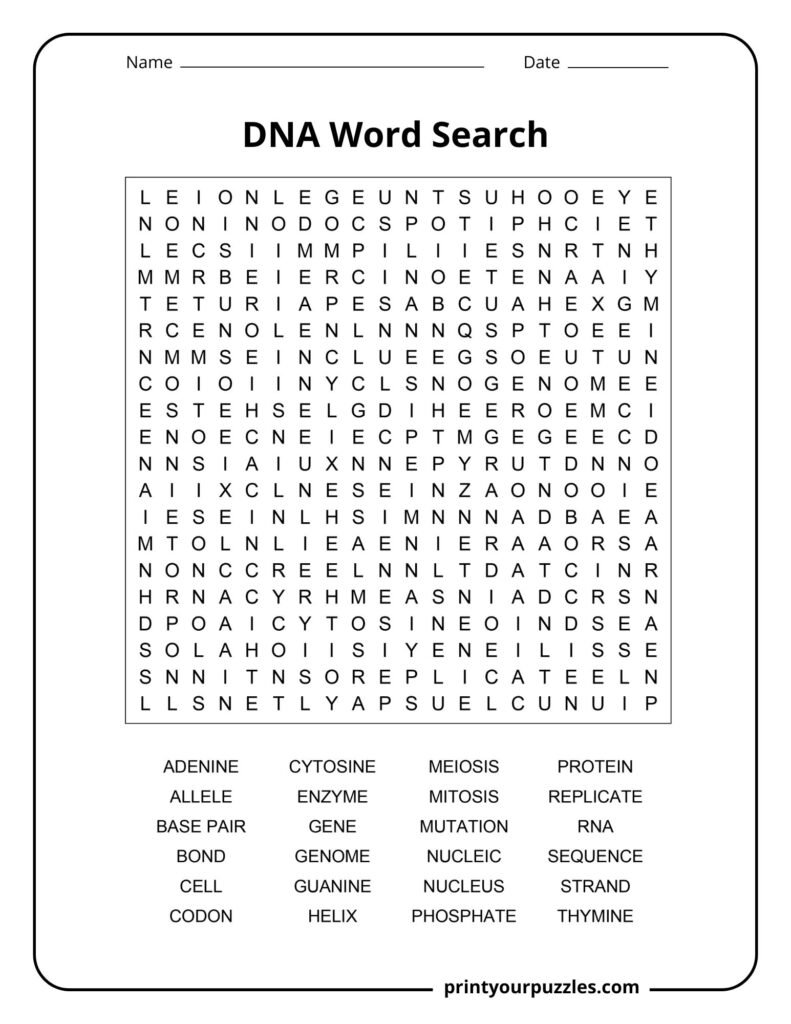 Challenging DNA word search puzzle featuring key biology terms like adenine, genome, mutation, and nucleotide.