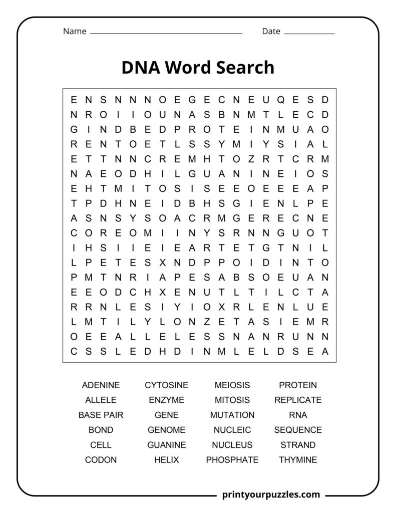 Medium-level DNA word search including biology words like cytosine, helix, nucleus, meiosis, and protein.