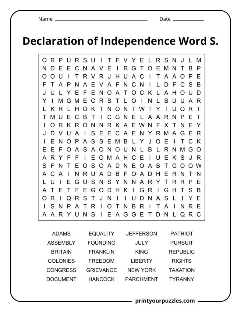 Challenging Declaration of Independence word search puzzle featuring historical terms like Adams, Liberty, and Congress.