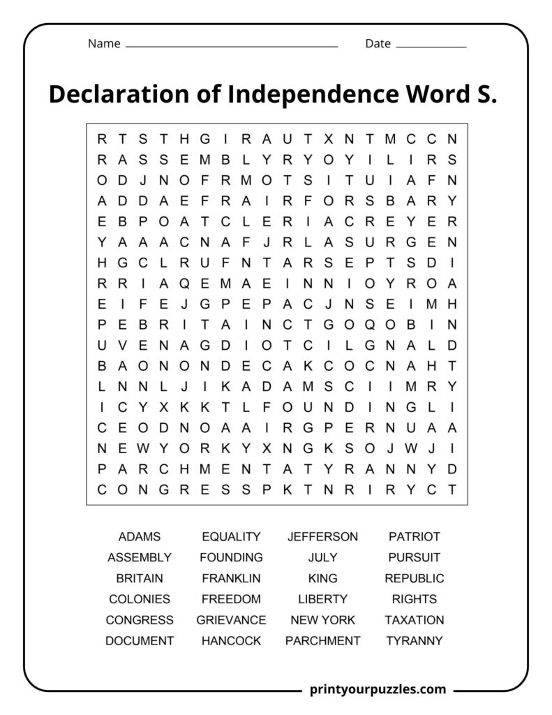 Medium-level Declaration of Independence word search including terms like Jefferson, Freedom, Patriot, and New York.