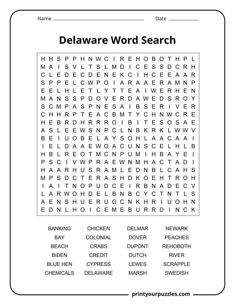Delaware Word Search Hard