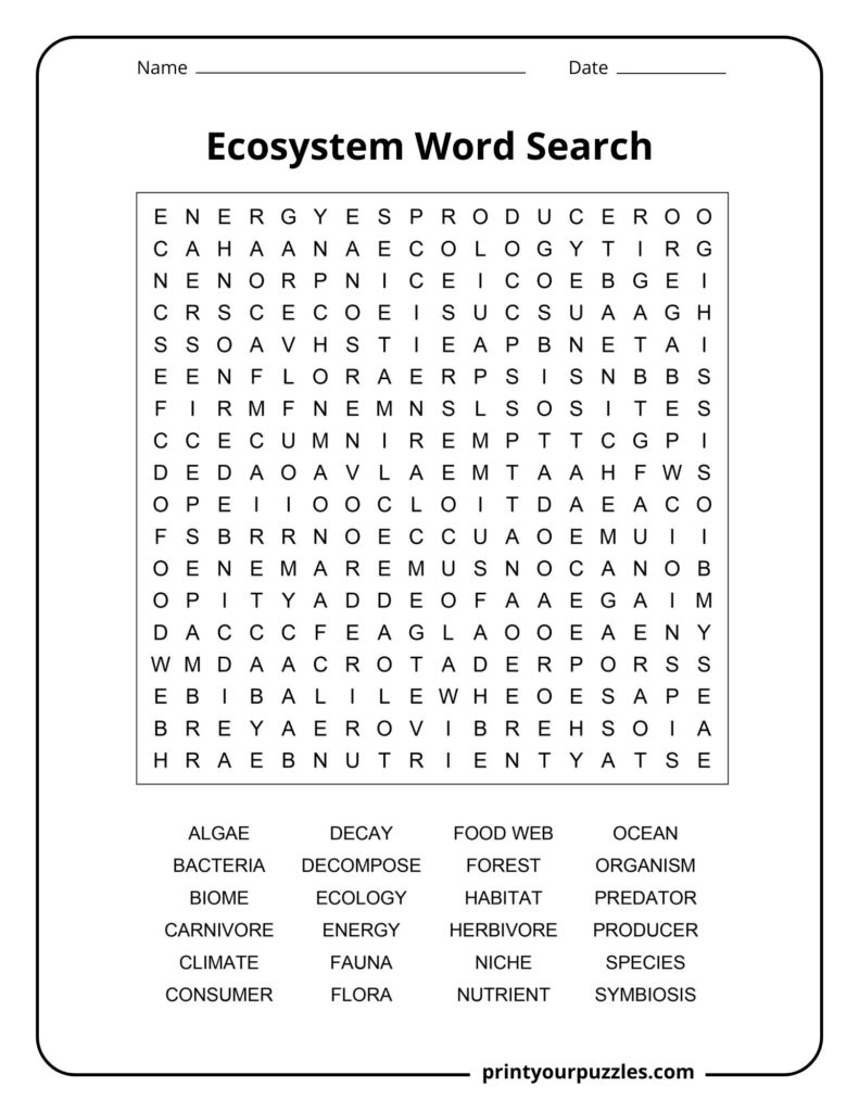 Medium-difficulty ecosystem word search puzzle featuring a 20x20 letter grid and key ecological vocabulary words.