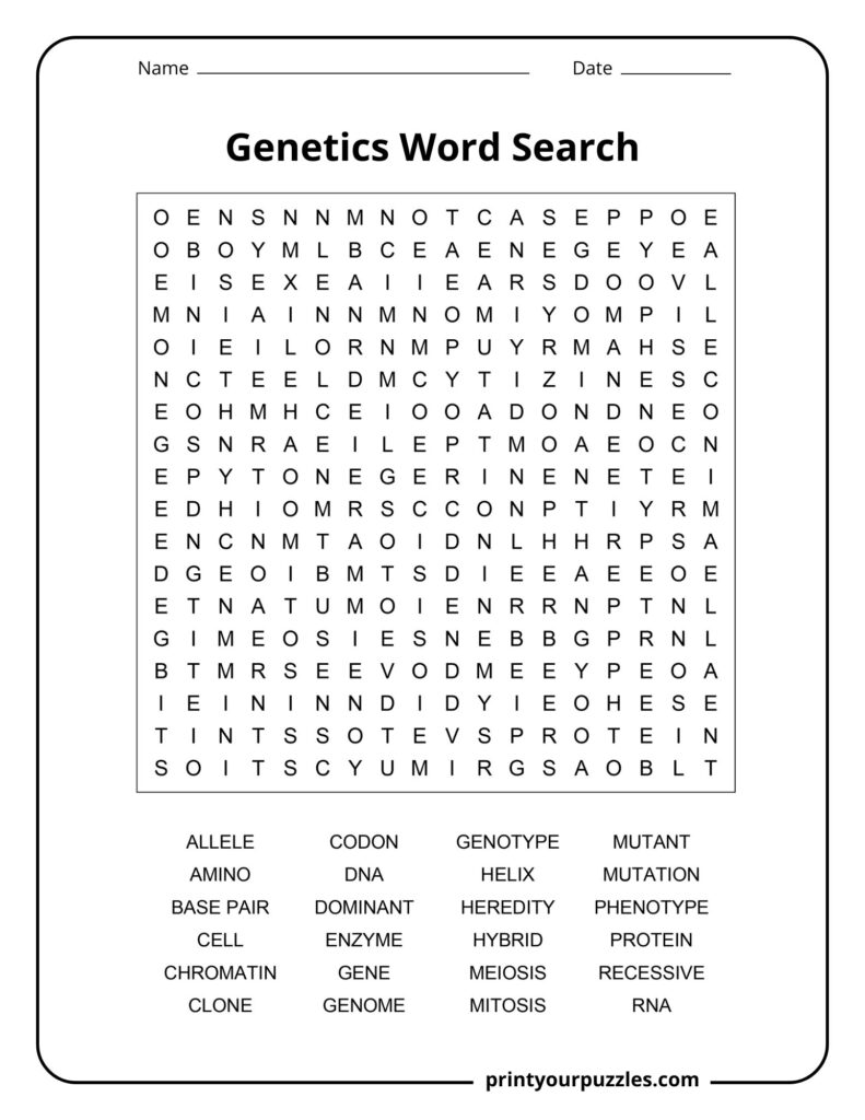 Medium-difficulty genetics word search puzzle with a clear letter grid and list of biology vocabulary.