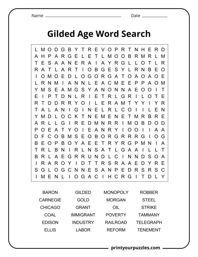 Gilded Age Word Search Hard