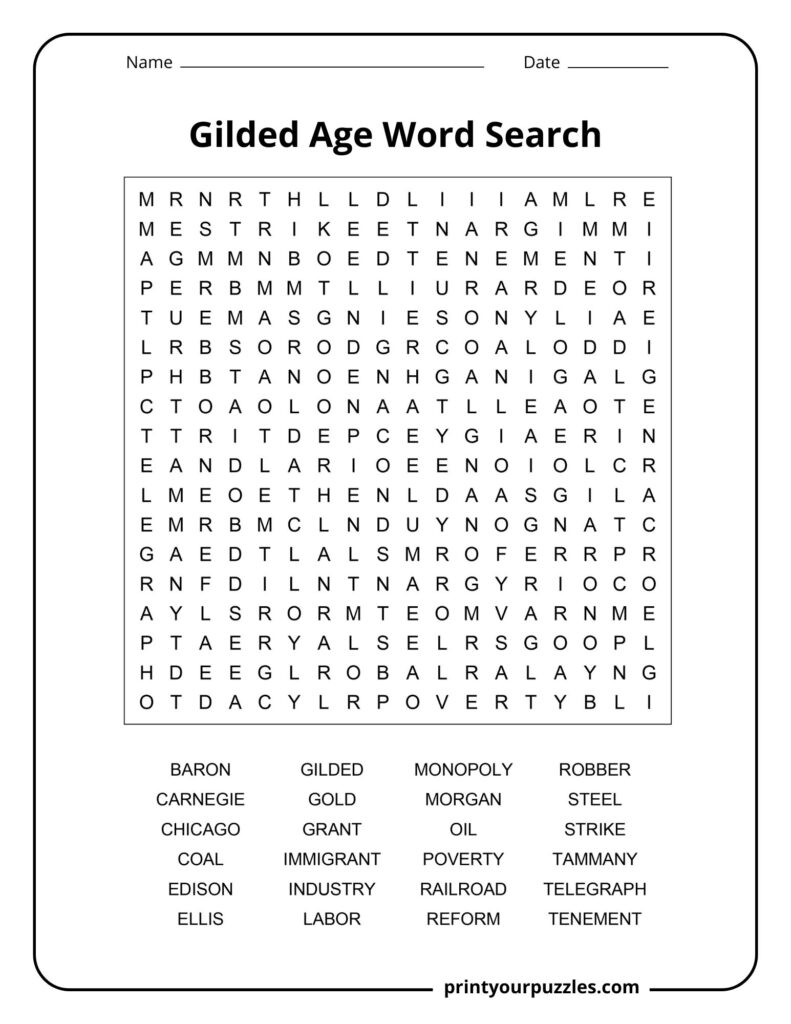 Gilded Age Word Search Medium