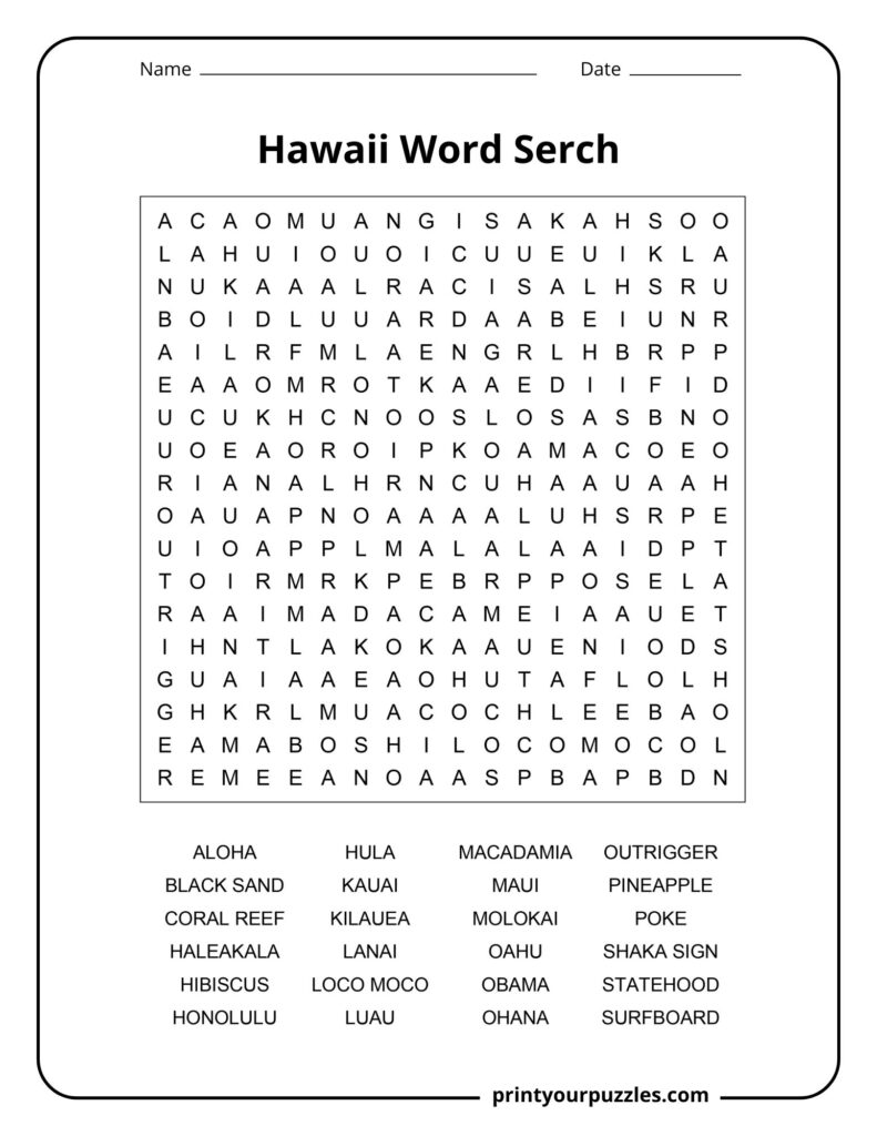 Medium Hawaii word search puzzle with a clear grid and 24 words highlighting islands, foods, beaches, traditions, and Hawaiian culture.