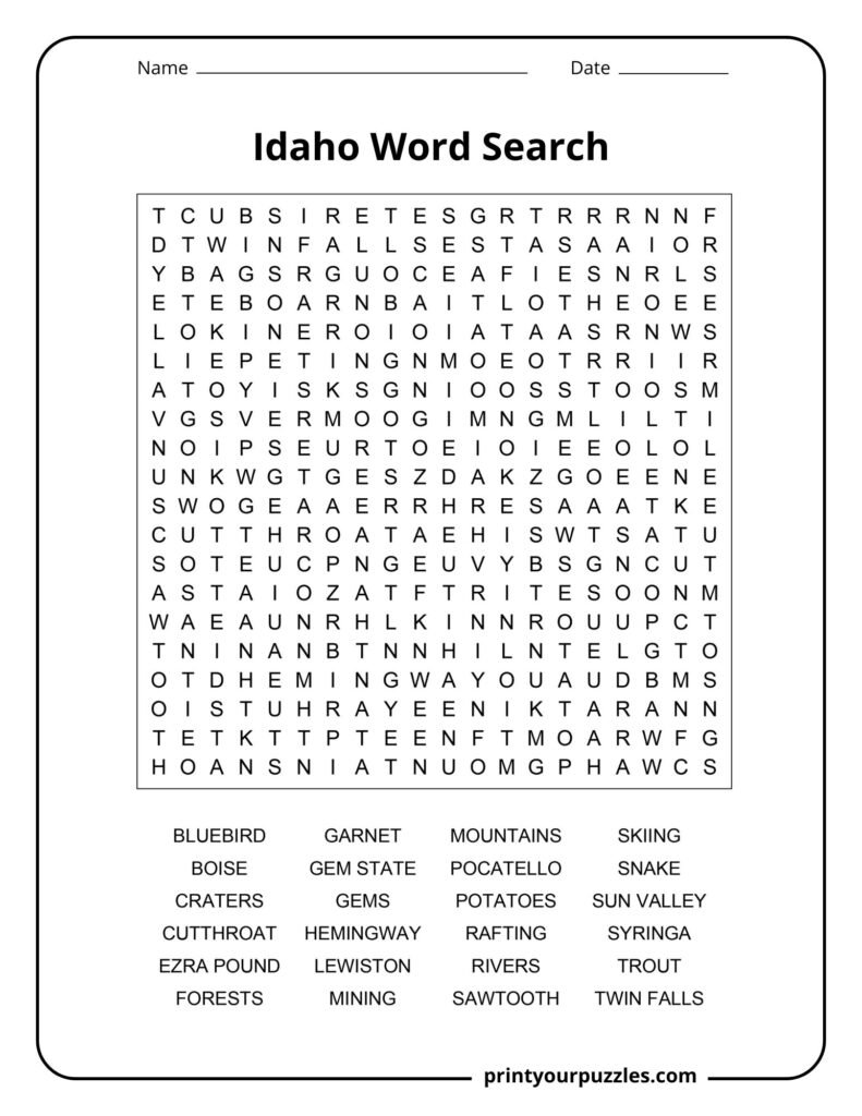 Hard Idaho word search puzzle with a dense grid and 24 state-themed words about mountains, rivers, gems, wildlife, and outdoor life.