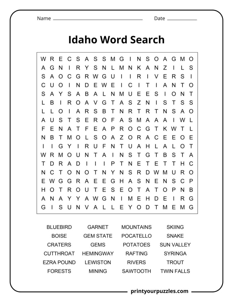 Medium Idaho word search puzzle with a clear grid and 24 words highlighting cities, rivers, mountains, gems, and Idaho landmarks.