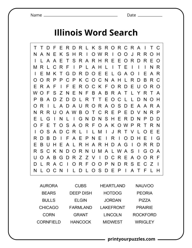Hard Illinois word search puzzle with a dense grid and 24 state-themed words about cities, sports, food, history, and Midwest culture.