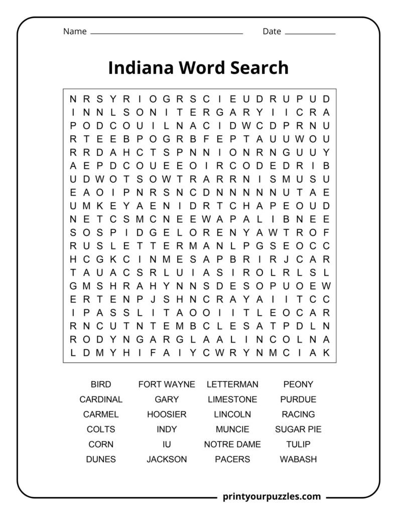 Hard Indiana word search puzzle with a dense grid and 24 state-themed words about cities, sports, universities, food, and history.
