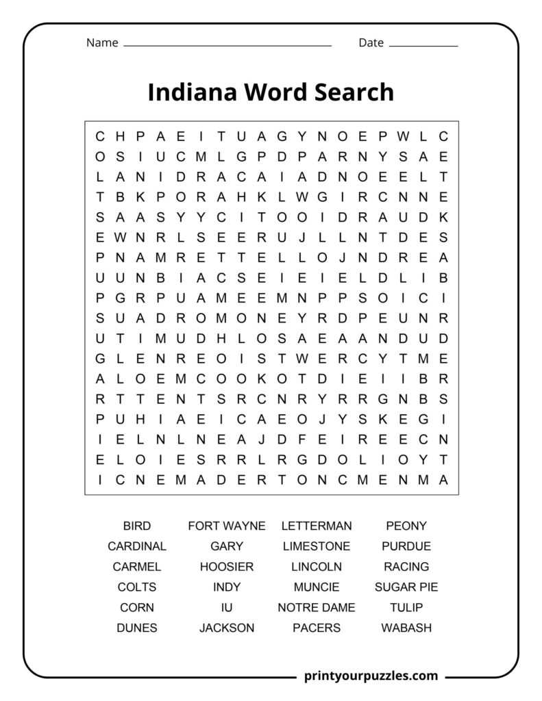 Medium Indiana word search puzzle with a clear grid and 24 words highlighting cities, sports, universities, foods, and culture.