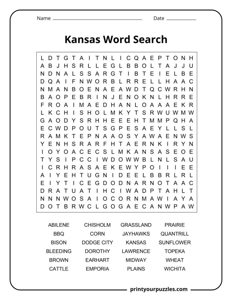 Kansas Word Search Hard