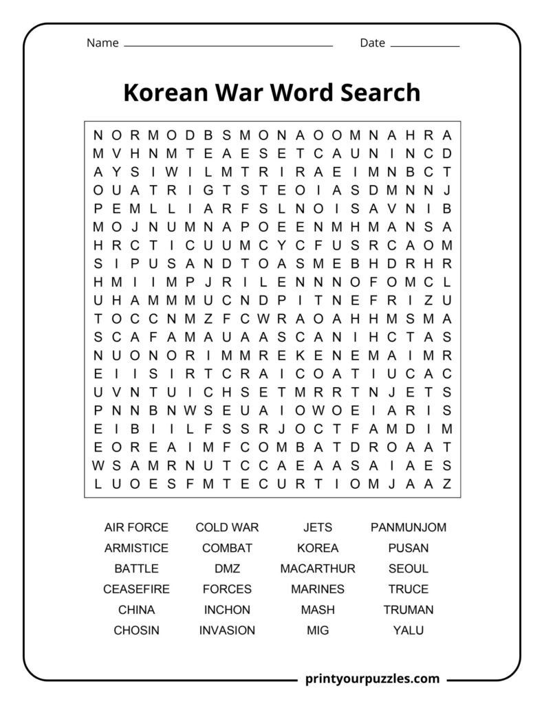 Challenging Korean War word search puzzle featuring a dense grid with key historical terms and wartime locations.