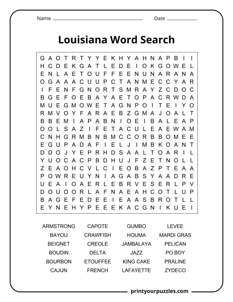 Louisiana Word Search Hard