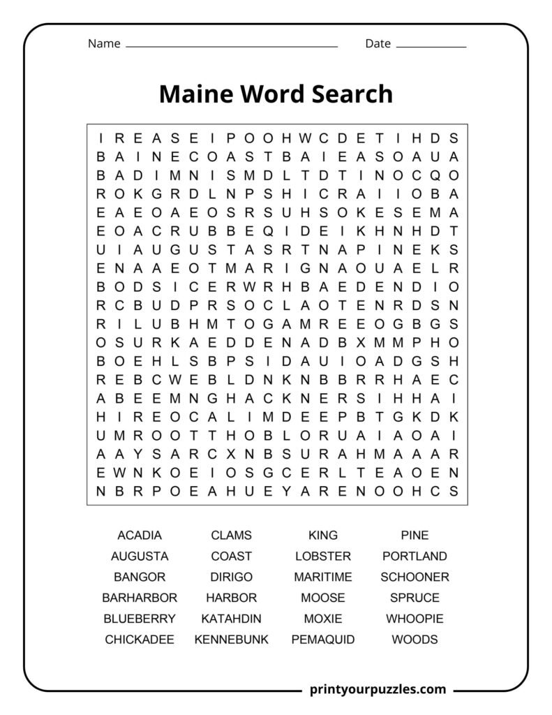 Hard Maine word search puzzle with a dense grid and 24 state-themed words about seafood, coastline towns, wildlife, and landmarks.