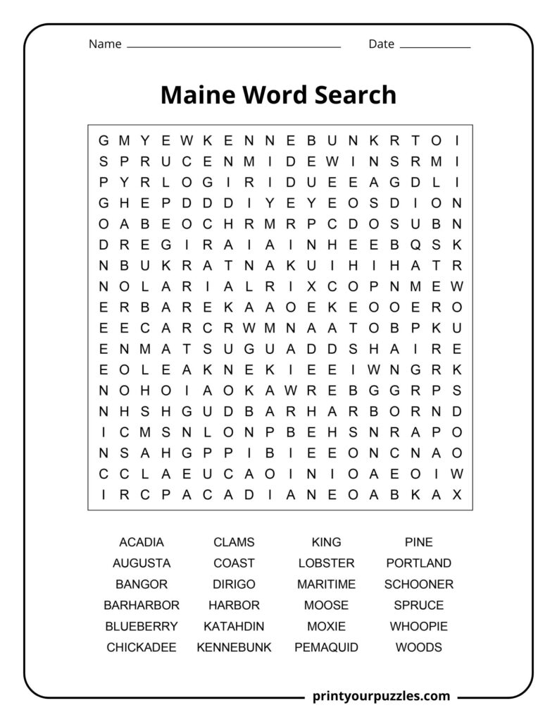 Medium Maine word search puzzle with a clear grid and 24 words highlighting coastal towns, foods, wildlife, and state parks.
