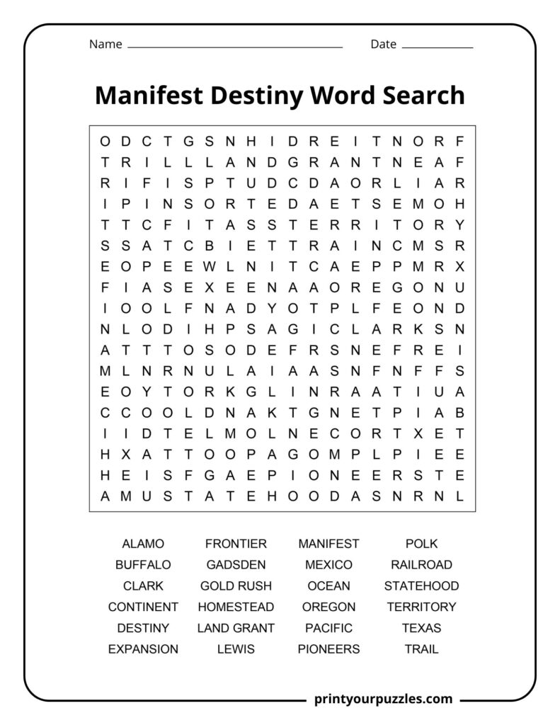 Medium-difficulty Manifest Destiny word search featuring key historical words related to U.S. westward expansion.