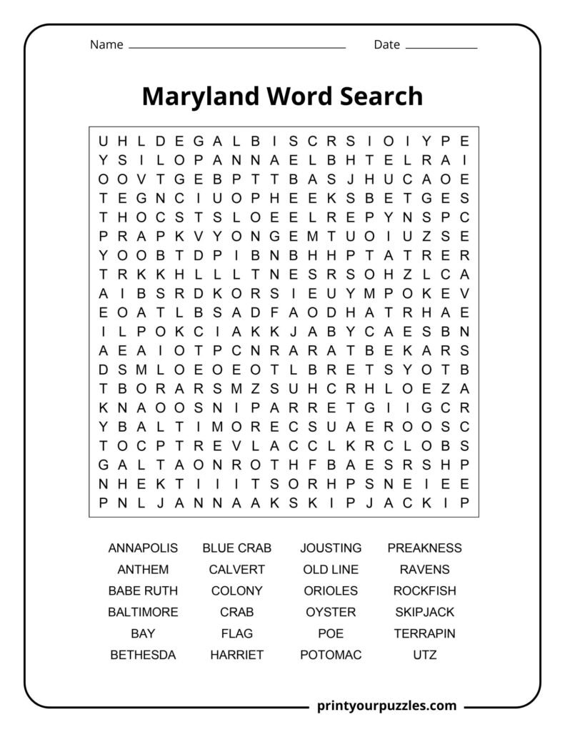 Hard Maryland word search puzzle with a dense grid and 24 state-themed words about history, sports, seafood, and landmarks.