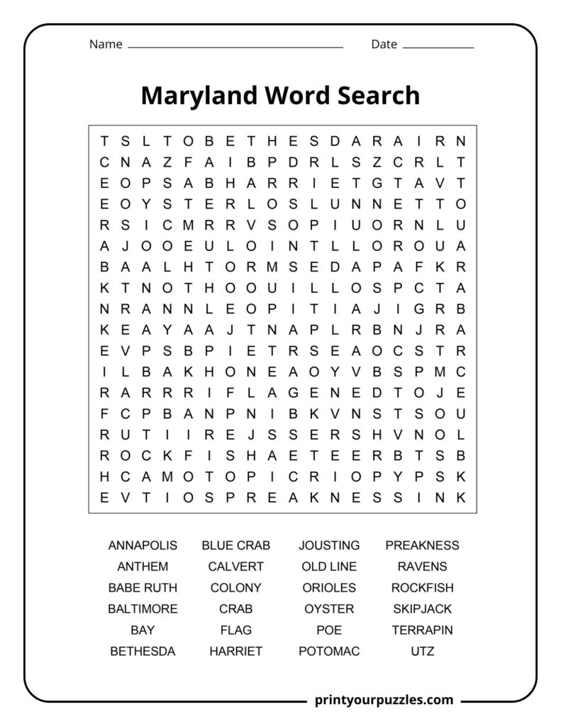 Medium Maryland word search puzzle with a clear grid and 24 words highlighting cities, seafood, sports, and state heritage.