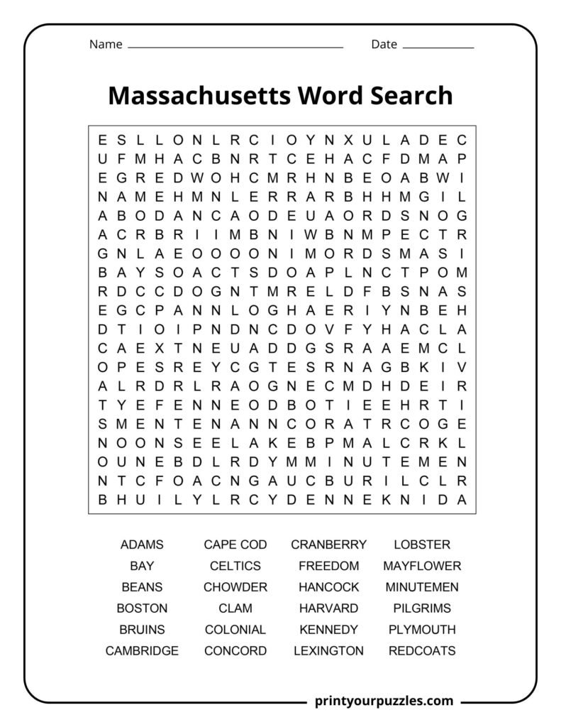 Hard Massachusetts word search puzzle with a dense grid and 24 state-themed words about history, food, sports, and landmarks.