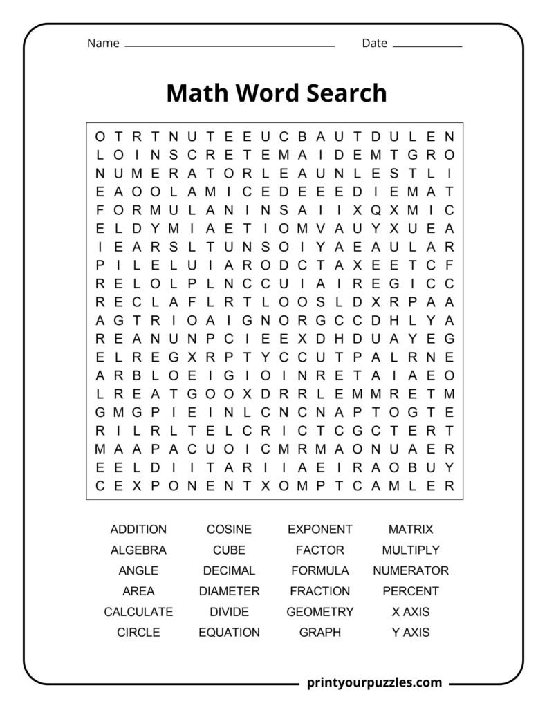 Challenging math word search puzzle with a dense grid featuring terms like algebra, geometry, graph, and numerator.