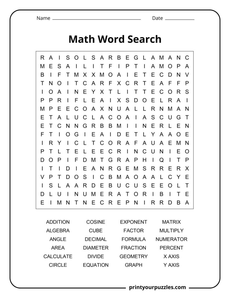 Medium-level math word search puzzle featuring common math terms like addition, cosine, formula, and geometry.