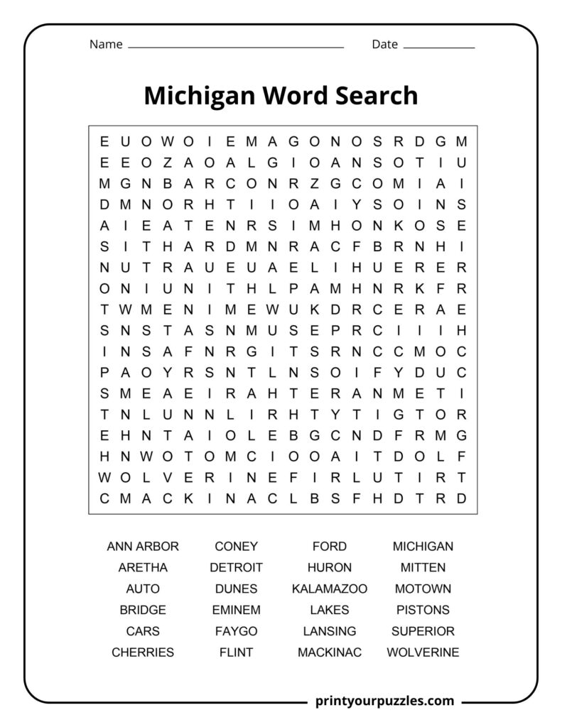 Medium Michigan word search puzzle with a clear grid and 24 words highlighting cities, lakes, autos, musicians, and state culture.