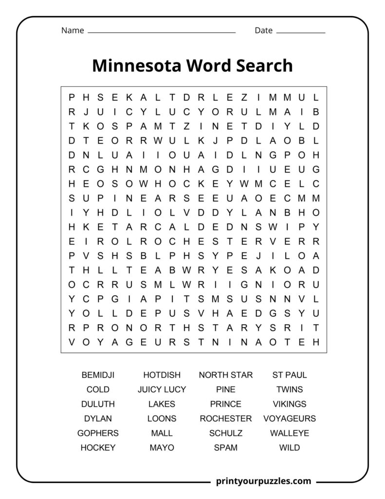 Medium Minnesota word search puzzle with a clear grid and 24 state-related words including foods, wildlife, and cities.