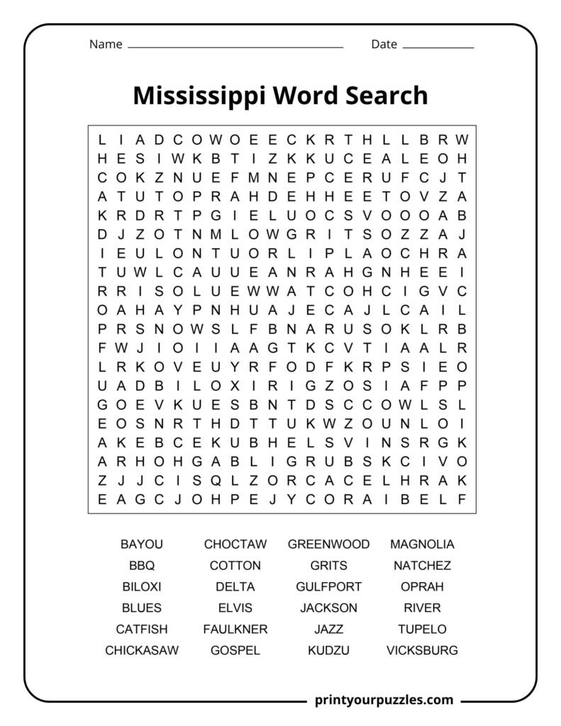 Hard Mississippi word search puzzle with a dense letter grid and 24 state-themed words about music, culture, food, and cities.